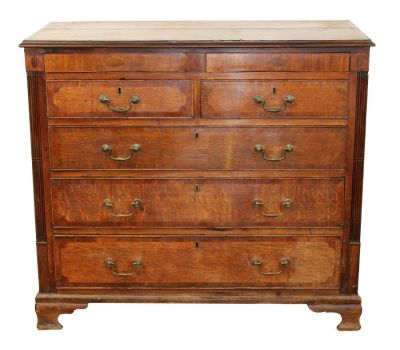 English Georgian 2 over 3 oak chest of drawers. 2 hidden drawers at top. 19th century. 40 1/4"h 