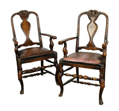 Pair of English oak urn back armchairs. Pair of English carved oak urn back armchairs with 