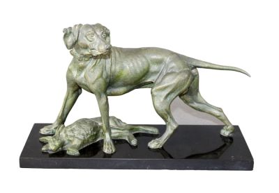 French patinated metal statue of hunting dog with rabbit on marble base. Early 20th century. 8 