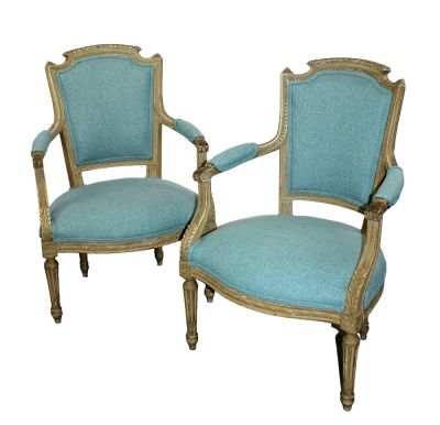 Pair of French Louis XVI style armchairs in painted finish. Early 20th century. 36 1/8"h x 24 