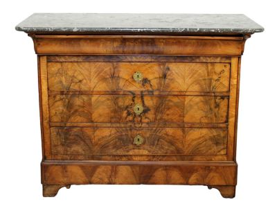 French Louis Philippe commode in burled walnut with marble top. 19th century, 39 1/4"h x 51 