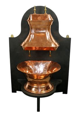 French copper lavabo wall fountain. Early 20th century lavabo later mounted on painted board. 
