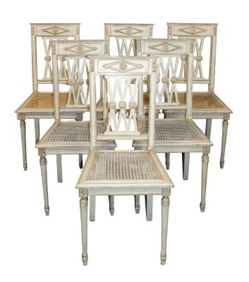 Set of 6 Swedish Gustavian style caned seat chairs in a painted finish. Mid 20th century. 36 
