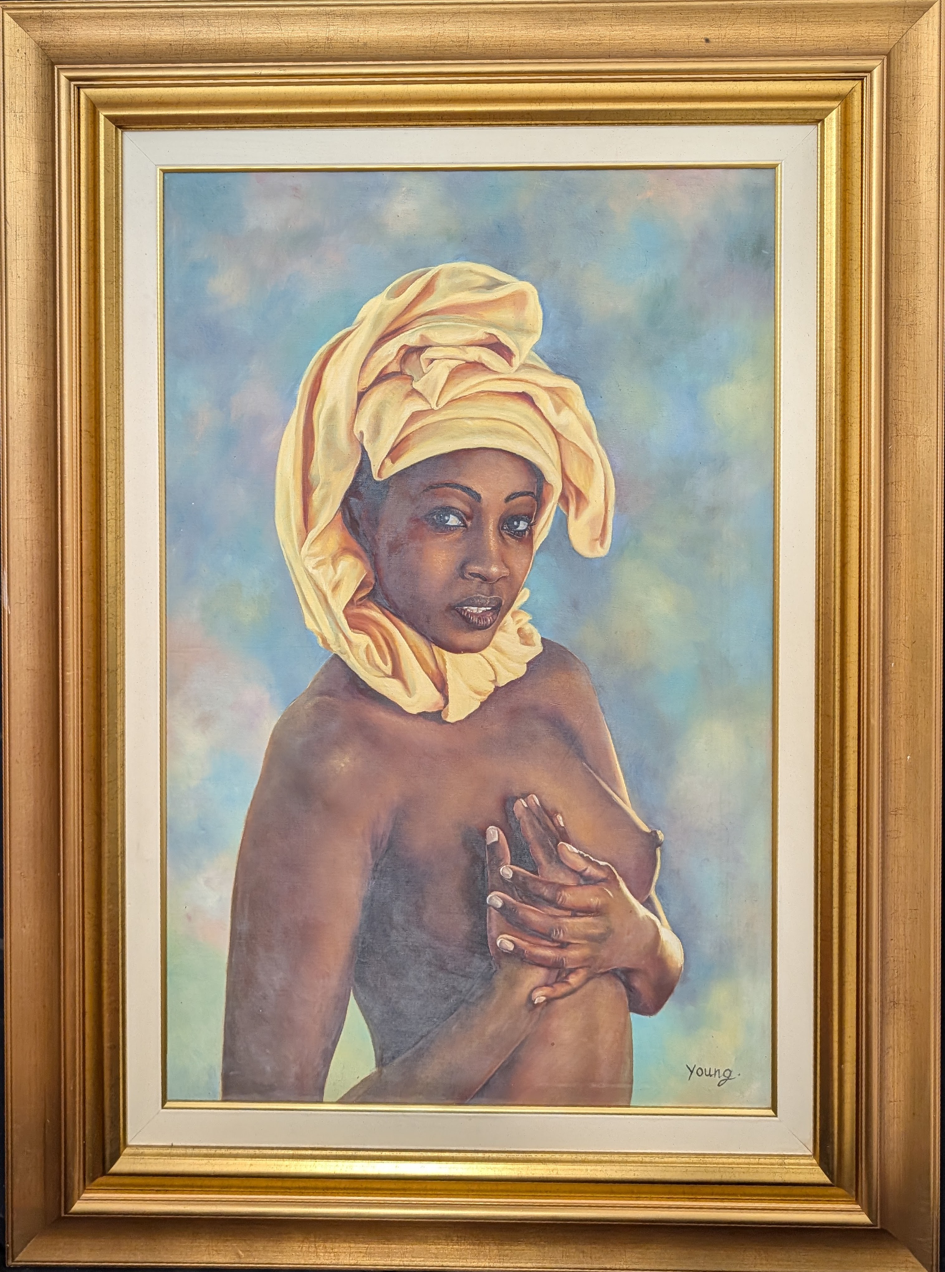 Contemporary Madagasgan portrait of a semi nude lady, oil on canvas