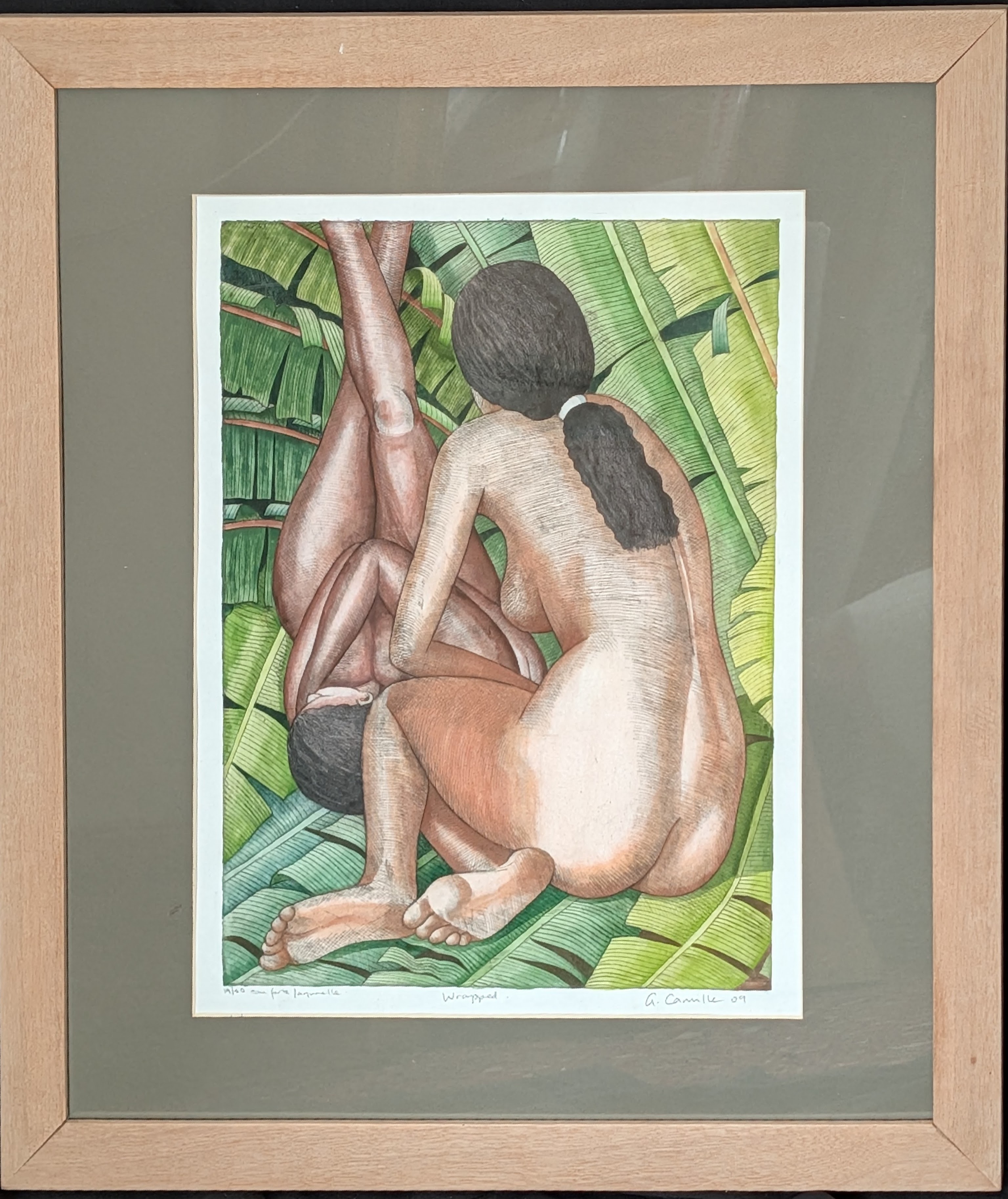 George Camille (Seychellois, b.1963), Wrapped, etching with watercolour