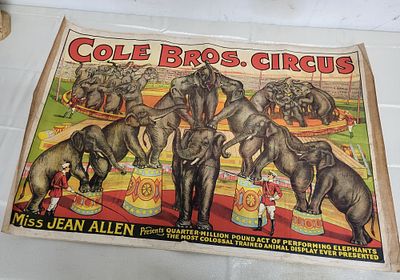 original 1935 Cole bros elephant circus poster on linen. on linen from estate collection 27 1/2" 