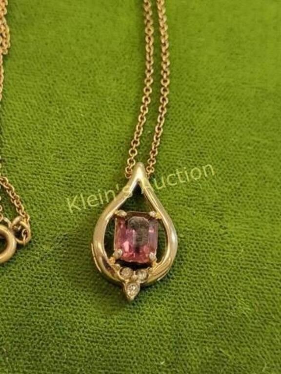10K gold filled chain w/amethyst & clear stones. 18" necklace 10k gold filled and pendant seepics