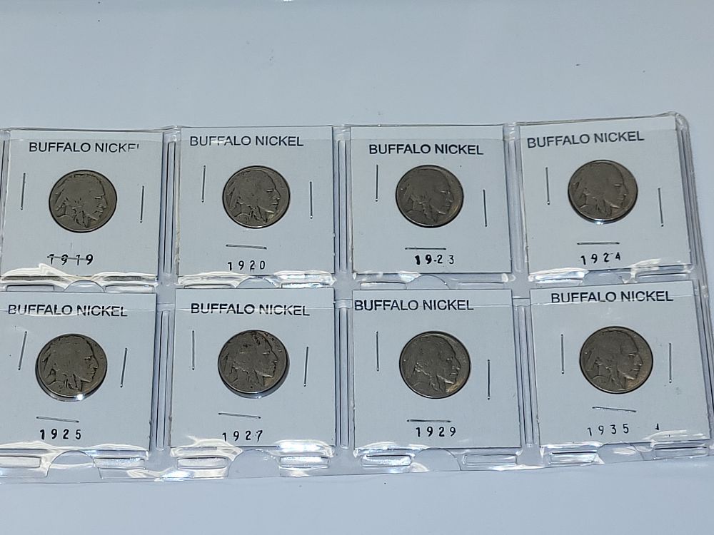 Buffalo Nickels coin lot of 8. 1919, 1920, 1923, 1924, 1925,1927,1929,1935 all 8 coins for one 