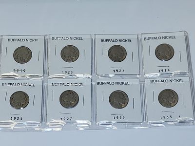 Buffalo Nickels coin lot of 8. 1919, 1920, 1923, 1924, 1925,1927,1929,1935 all 8 coins for one 