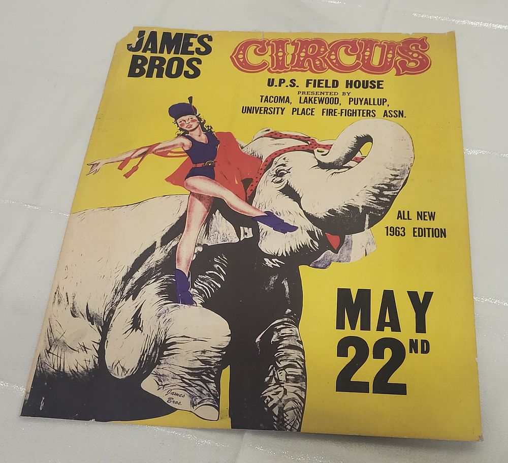 rare 1963 james bros circus poster 17 3/4" x 22 3/4". lady on elephant from estate collection 