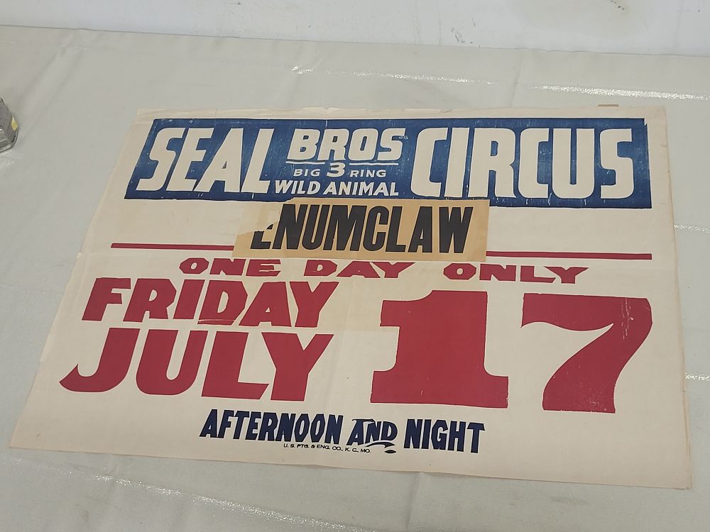 early seal bros circus paper poster Washington!. 21" x 28" paper poster early example see pics 