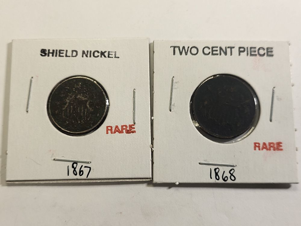 1867 shield nickel & 1868 two cent piece coin . both for one bid see pics