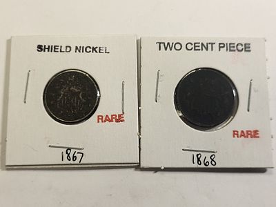 1867 shield nickel & 1868 two cent piece coin . both for one bid see pics