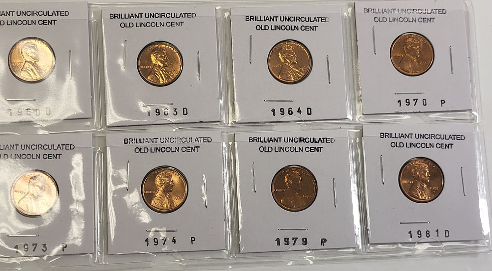 lot of 8 bu lincoln cent coins 1960-81 all red!. all brilliant unc. red 1960D, 63D, 64D, 70P 