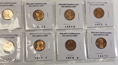 lot of 8 bu lincoln cent coins 1960-81 all red!. all brilliant unc. red 1960D, 63D, 64D, 70P 