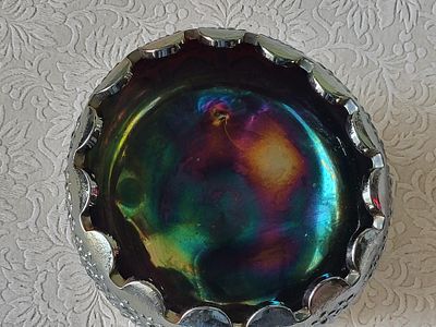 carnival glass orange tree footed bowl fenton . 5" wide no chips noted very pretty see pics 