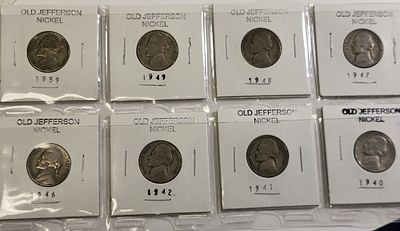 lot of 8 old Jefferson nickels 1940-59 coins. check out the pics all 8 us coins for one bid
