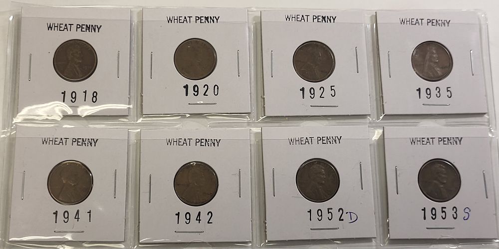 lot of 8 lincoln wheat cents 1918-53 coins. 1918,20,25,35,41,42,52D and 53S all 8 for one bid seepics