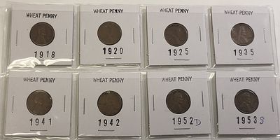 lot of 8 lincoln wheat cents 1918-53 coins. 1918,20,25,35,41,42,52D and 53S all 8 for one bid seepics