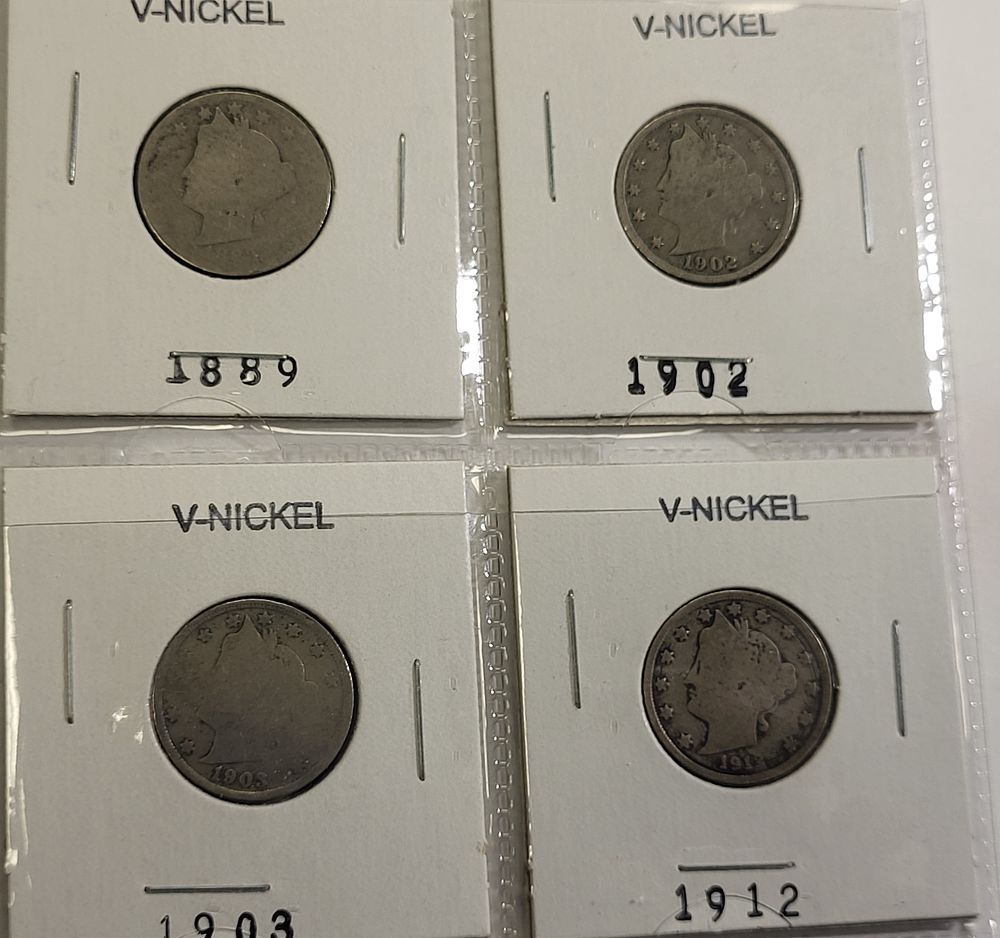 lot of 4 early v nickels 1889-1912. 1889, 1902, 03, And 1912 all 4 forone bid seepics