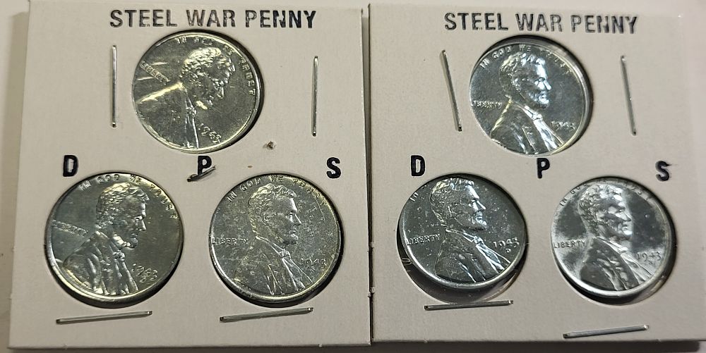 2 sets 1943 steel war cent pennies P, D, S, mints au-bu. au-bu 6 coins total 2 sets seepics