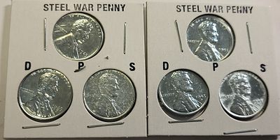 2 sets 1943 steel war cent pennies P, D, S, mints au-bu. au-bu 6 coins total 2 sets seepics