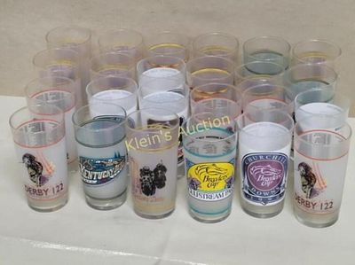 vtg kentucky derby mint julep glasses lot of 24. breeders cup too, several duplicates all in