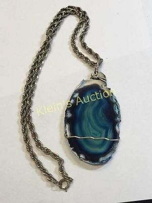 sterling silver wrapped agate slice lg 4" necklace. 4" long x 2" wide gorgeous blue agate with