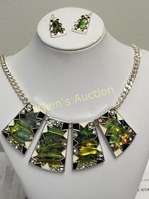 abalone, rhinestones & enameled necklace & earrins. abalone, rhinestones & enameled necklace