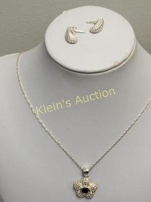 Sadye L Vassil vtg sterling necklace & earrings. sterling silver & garnet pendant on 18"