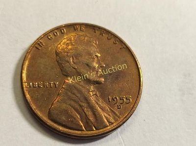 1955D Lincoln wheat cent coin unc red & toned!. light rainbow toning and rarer Denver mint check