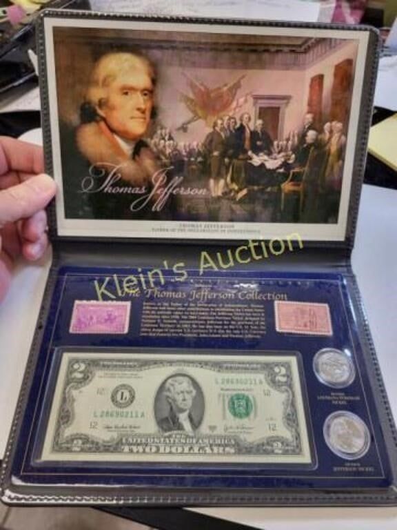 thomas jefferson collection rare gem mint $2 bill. has gem mint $2 bill 2 quarters and stamps 
