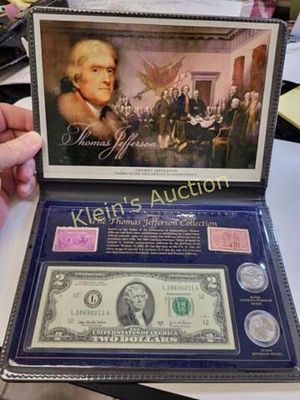 thomas jefferson collection rare gem mint $2 bill. has gem mint $2 bill 2 quarters and stamps 