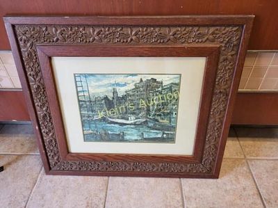 antique walnut picture frame w/ blanes harbor scen. Sebastian freixas vivo lithograph 25" x 29" 