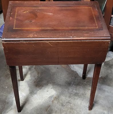 antique mahogany & leather drop leaf side table. 26" tall 21" x 28" opened see pics Pembroke style
