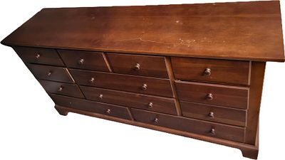 vtg cherry Stanley 11 drawer lowboy dresser. 33" tall 66" wide 18" deep drawers work great seepics