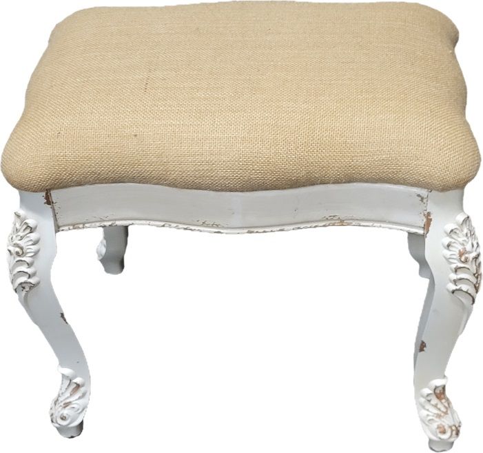 vtg louis XV style bench or ottoman super clean. shabby white base and burlap seat 18" tall 19" 