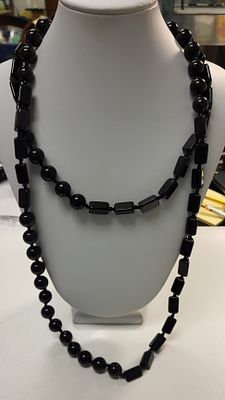 vtg jet black necklace 46" glass? beads. great to wear doubled or long see pics cold to touch