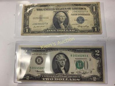 silver cert 1935 $1 bill & bicentennial 2$ bill. both for one bid see pics