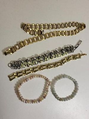 estate jewelry lot gold tone necklaces, bracelet+. pearls, jade bracelet too! all 5 for one bid 