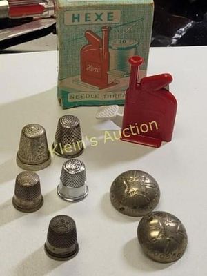 antique sewing lot sterling thimble, buttons, rare needle threader in orig box hexe needle 