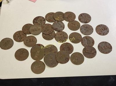 antique tobacco tag, j.o.c, j.s.c,& others 34 pcs. 1 3/8" each thin tin was told these would be 