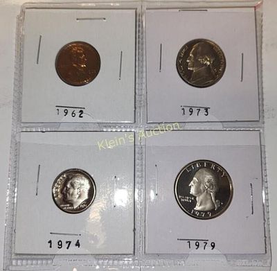 proof set of us coins lot of 4. 1962 penny, 1973 nickel, 1974 dime and a 1979 quarter all 4 for 