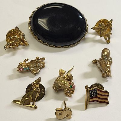brooches, & pin collection 9 pcs . dog, butterfly, and a gorgeous vtg brooch all 9 pcs for one 