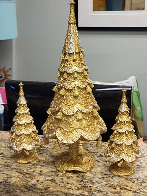 gold Sequin Christmas trees lot of 3 18 1/2" & 9" Nice!. gold Sequin Christmas trees lot of 3 18 