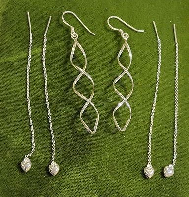 sterling silver earrings lot of 3 twist & 2 heart. 2 pairs of heart threaders earrings and drop 