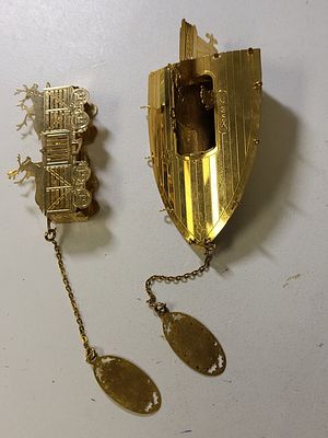 Gorham 3D santa claus gold boat & reindeer train. we were told these are 24K? from estate both 