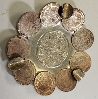 copper, brass & silver vtg mexico coins tray Nice!. from estate 4 1/4" wide all genuine coins 