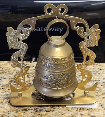 oriental hanging brass bell dragon & stand. vintage very nice heavy bell w/ clangor inside 