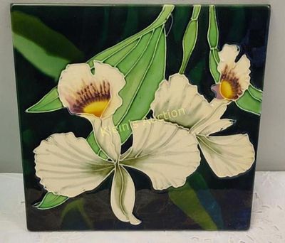 vtg majolica tile 12" x 12" from estate Orchids. very pretty from estate see pics